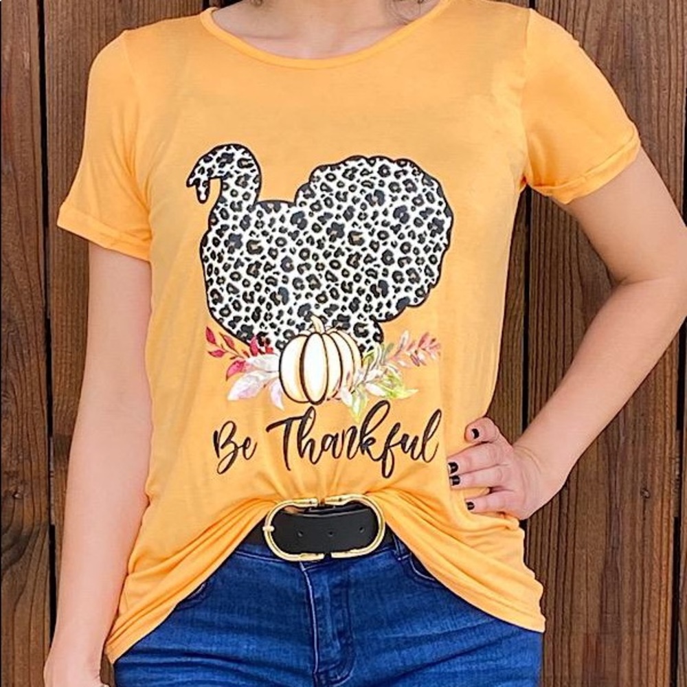 NWT Ladies “Be Thankful” Leopard Print Turkey Top